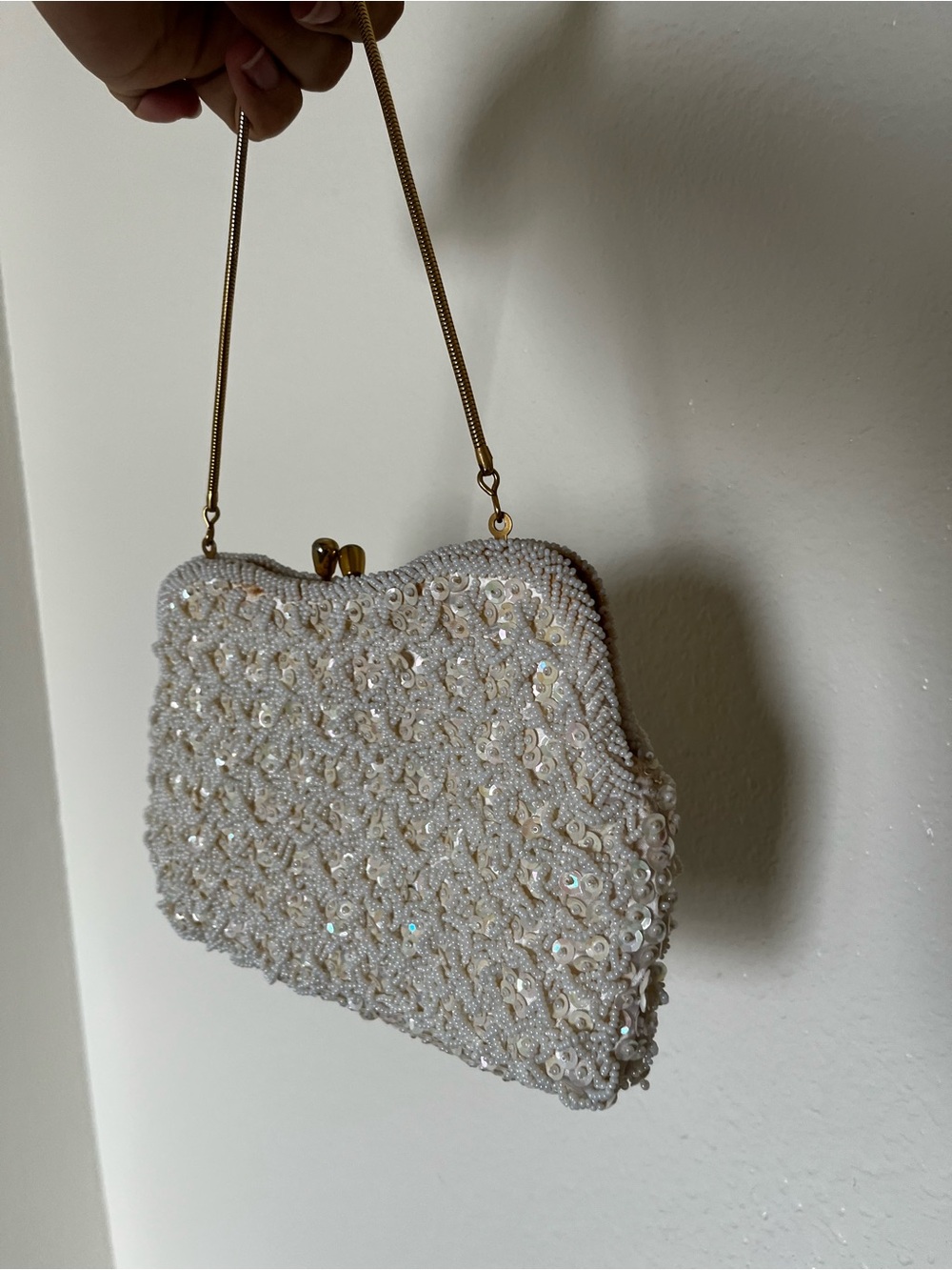 Vintage Beaded Ivory Evening Clutch with Gold Chain
